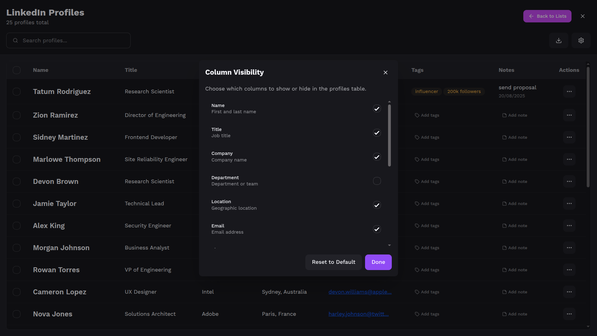 Profile Columns Selection